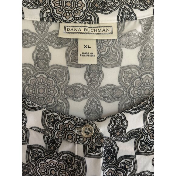 Dana Buchman XL Black & White Floral Print Short Sleeve Button-Down Blouse - Picture 5 of 9